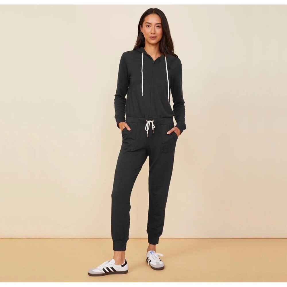 Monrow Supersoft Fleece Hooded Jumpsuit Womens XL Charcoal Black Zip Up